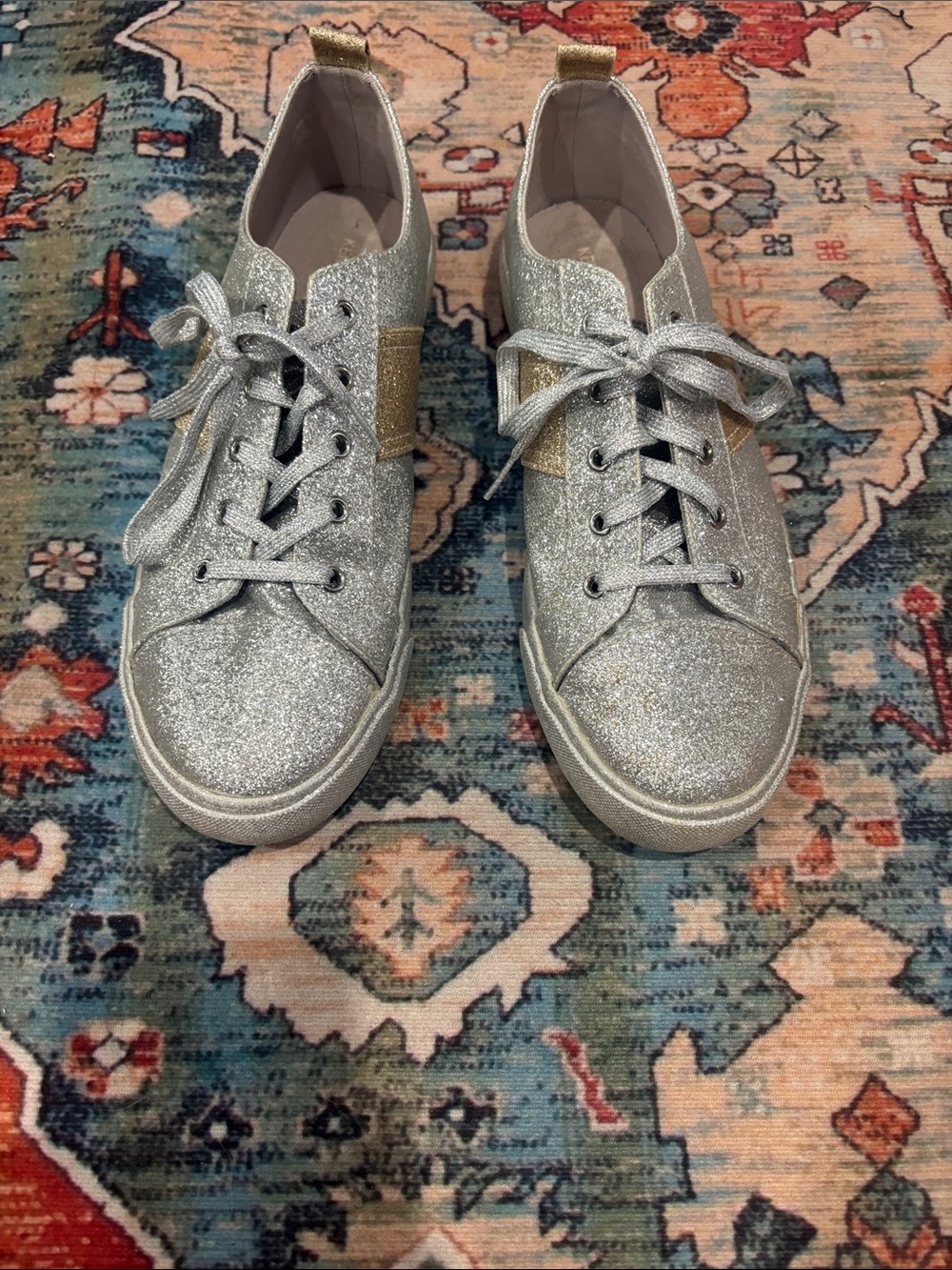 Kendall & Kylie Girls Silver Glitter Sneakers with Gold Heel Tab